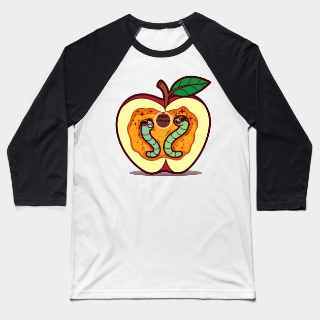 Funny Original Kawaii Worms Having Party Inside Apple Funny Disco Cartoon Baseball T-Shirt by BoggsNicolas